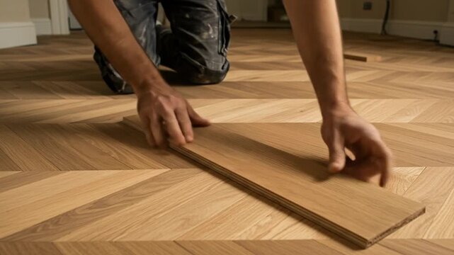 A person kneels, placing a wooden floorboard onto a newly installed herringbone floor, showcasing craftsmanship