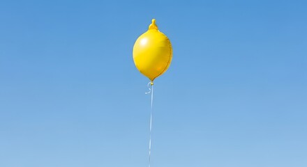 A bright yellow lemon suspended in the air against a clear blue sky with droplets of water falling from it