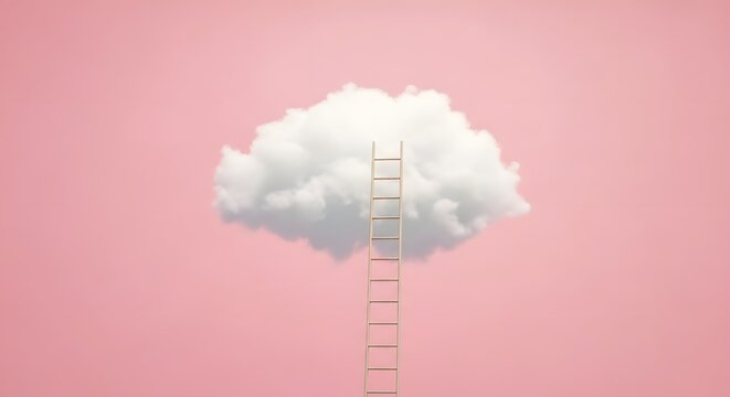 Fluffy white cloud on a pink background with a ladder reaching up into it