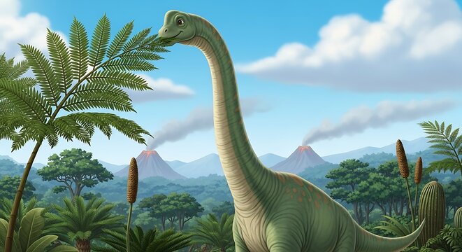 Prehistoric Brontosaurus Grazing in Lush Jurassic Landscape with Volcano - Powered by Adobe