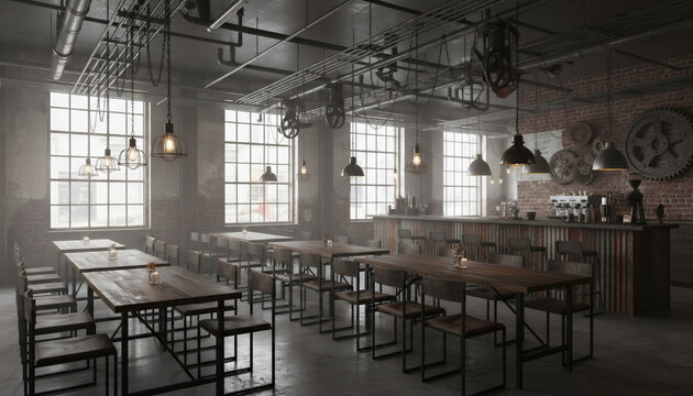 Empty Industrial Loft Restaurant and Bar Interior Design - Powered by Adobe