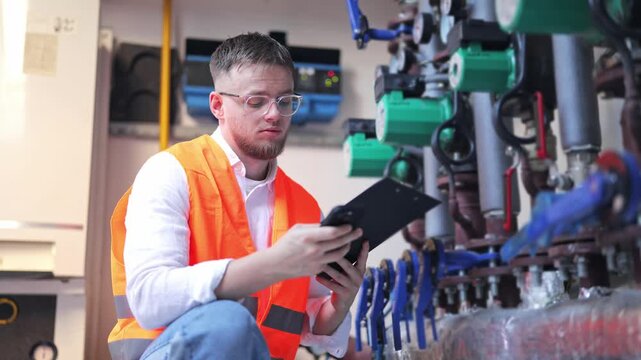 Professional diligently checks complex industrial systems. Diligence and concentration are evident while performing equipment maintenance in modern facility, ensuring safety.
