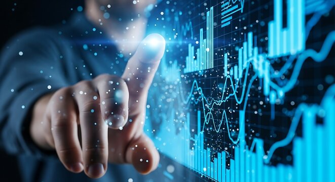 A person interacts with a digital interface displaying financial data and charts, representing data analysis, investment, and market trends