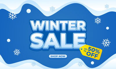 Winter sale banner template with blue snow wave background and snowflakes, up to 50% off, modern seasonal promotion design for sale ads, digital marketing, social media, web and pages