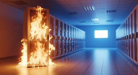 A server rack engulfed in flames in a data center, symbolizing a catastrophic system failure and the urgent need for disaster recovery
