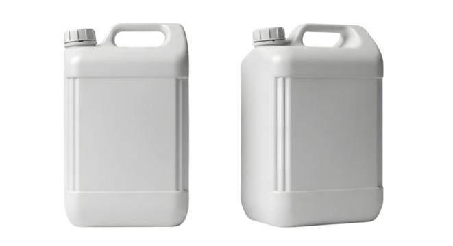 Two identical white plastic jerry cans with handles and caps isolated on black background