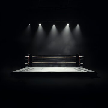 Ringside Shadow: A starkly lit boxing ring stands in solemn isolation, the palpable essence of anticipation filling the air, while a cloud of fine mist lingers within.