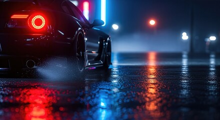 Sleek black sports car parked on a wet street at night, illuminated by colorful neon lights, showcasing reflections on the pavement and creating a vibrant urban atmosphere