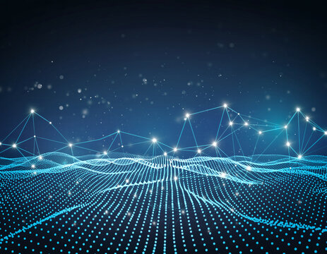 Abstract blue digital landscape with glowing nodes and connecting lines technology network