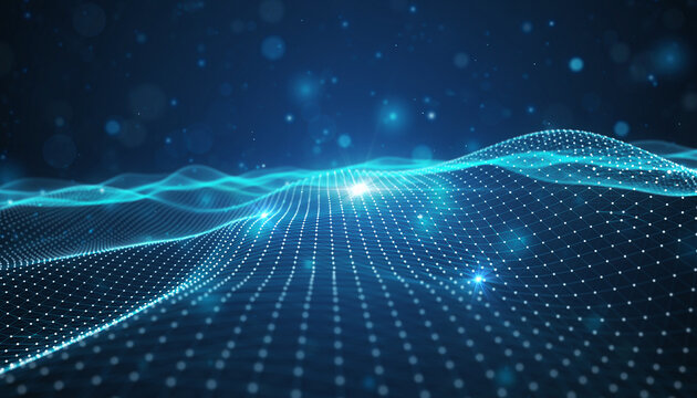 Abstract blue digital landscape with glowing mesh and bokeh particles image photo