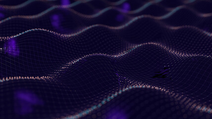 Abstract dark blue wavy surface with glowing purple particles and mesh grid background bokeh