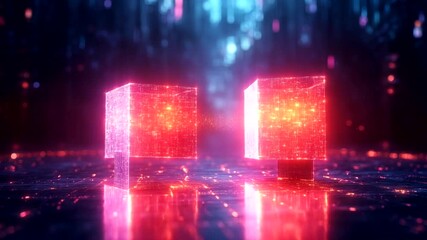 Digital cubes glowing in a futuristic neon landscape - Powered by Adobe