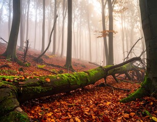 A misty forest scene featuring autumn leaves and a fallen moss-covered log. Tall, bare trees rise into the foggy atmosphere with soft sunlight