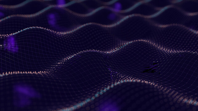 Abstract dark blue wavy surface with glowing purple particles and mesh grid background bokeh - Powered by Adobe
