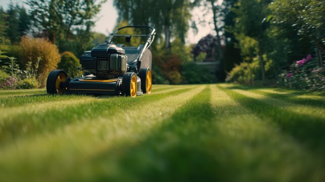 Lawn maintenance setting from ground level with mower cutting fresh path reflecting trending garden routine perfect for markets promoting property care outdoor work and curated home environments