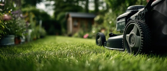 Low-angle lawn care moment featuring mower in motion reflecting practical garden routine suited for buyers focused on outdoor maintenance property care and contemporary lifestyle themes