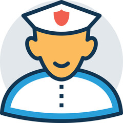 Stylized Vector Icon of a Person in Uniform with a Hat and Blue and White Trim Against a Subtle Circular Background with a Red Shield Emblem on the Hat