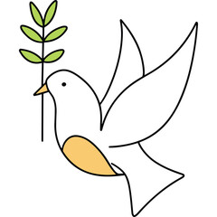 Stylized White Dove Carrying Green Leaves Branch in Flight with Transparent Background
