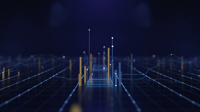 Abstract digital data visualization with glowing lines, bars, and points on a dark grid