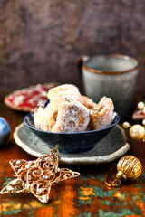 Traditional christmas cookies on a rustic wooden background. Soft focus.	