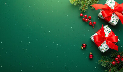 Merry Christmas and Happy Holidays greeting card, frame, banner. New Year. Red Christmas ornaments...