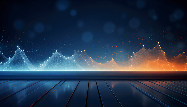 Abstract digital landscape with glowing network lines and bokeh lights image photo