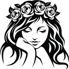 Tranquil girl with closed eyes rests adorned with rose crown in black silhouette
