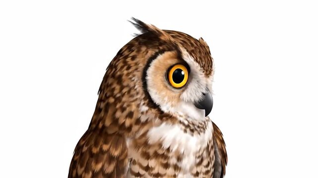 Majestic Horned Owl with Big Yellow Eyes on a White Background.