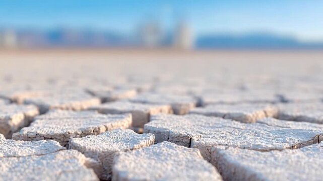 Cracked Earth: A detailed shot of parched earth reveals a cracked, textured surface stretching toward the blurry cityscape.