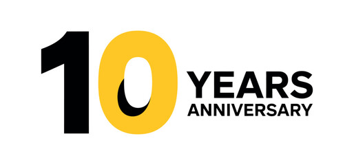 The number ten and the words 'years anniversary' are displayed in black and yellow on a white background, representing a celebration of a decade.