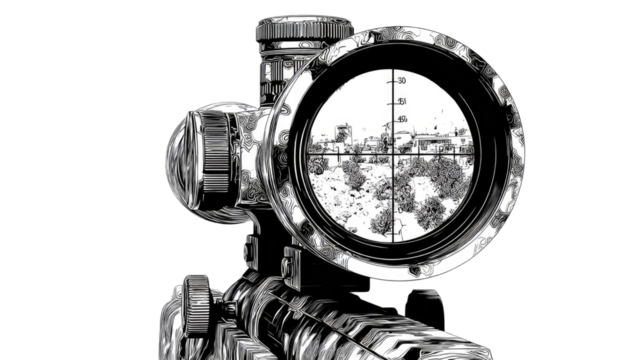 binocular adjust on gun with focus target isolated on white background