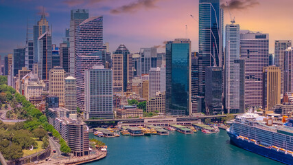 18 November 2025 Panoramic night view of Sydney Harbour and City Skyline of NSW Australia beautiful colourful skies on a beautiful spring day