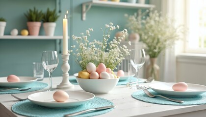 Pastel Easter table setting with painted eggs in bowl centerpiece and candles. Gentle spring colors and floral decor create a festive dining atmosphere for family celebration.