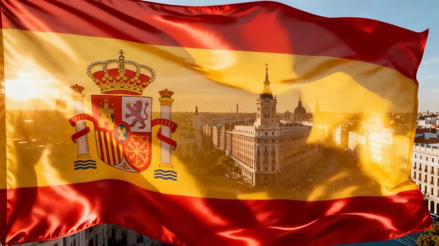 The Spanish flag waves in the wind as the static camera frames Madrid&rsquo;s skyline Warm sunlight glows through the red and yellow fabric, revealing rooftops, towers, and the city&rsquo;s iconic historic silhou