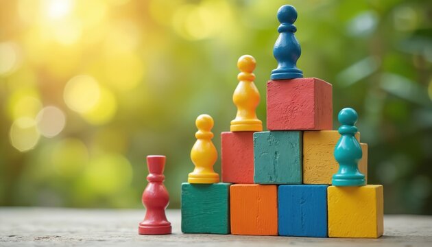 Colorful wooden blocks stacked to form steps support chess pieces. Teamwork concept visualized with ascending blocks. Business strategy recruitment concept growth. Collaboration leadership corporate. - Powered by Adobe
