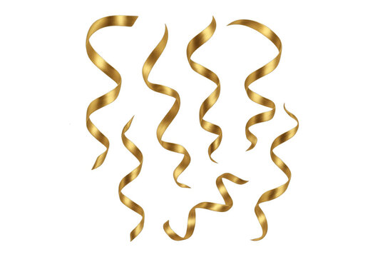 Gold curling ribbons falling, festive streamer elements for party celebrations, event decoration, and holiday designs with transparent background