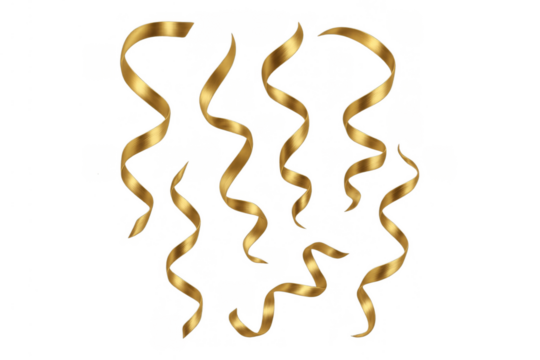 Gold curling ribbons falling, festive streamer elements for party celebrations, event decoration, and holiday designs with transparent background