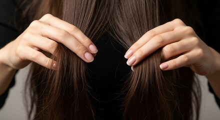 Obraz premium A woman's hands touching her long, smooth, and healthy brown hair. Hair care, beauty, and salon treatment concept. Close-up of shiny brunette strands