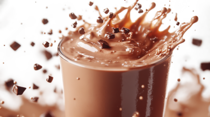 Chocolate milk splash in glass isolated on a transparent background