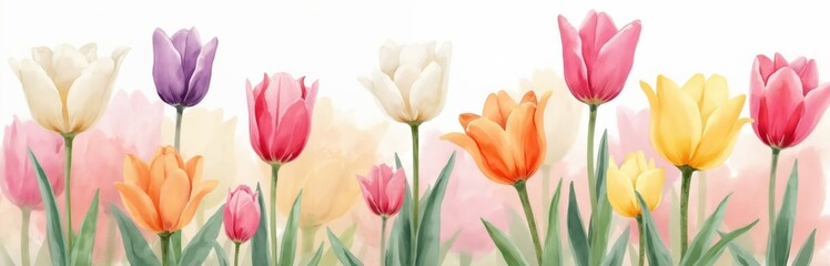 Fototapeta premium Vibrant watercolor illustration of numerous tulip flowers arranged in wide border. Artwork features diverse colors including pink red yellow, white. Floral design suitable for spring themes
