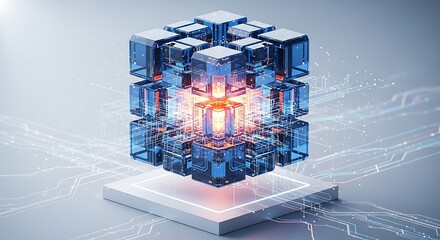 Abstract cube of interconnected blue blocks with glowing core, representing data processing, complex systems, and technological innovation