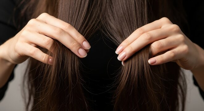 A woman's hands touching her long, smooth, and healthy brown hair. Hair care, beauty, and salon treatment concept. Close-up of shiny brunette strands