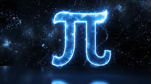 Glowing pi symbol in a dark, starry space with a reflective surface