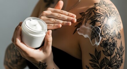 Woman applying cream to her tattooed shoulder with a jar