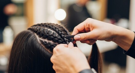 Hairstylist braiding cornrows on a client's dark hair in a salon. Close-up of a professional creating a trendy hairstyle. Hair care and beauty service