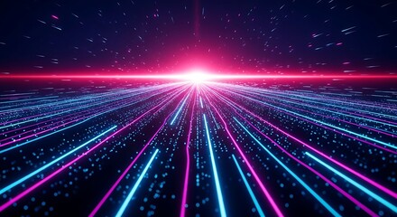 Abstract futuristic background with glowing neon lines and dots creating a sense of speed and movement in a digital space, ideal for technology concepts