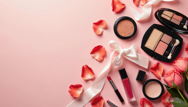 Makeup products and roses arranged on a pink background with ribbon and petals. Items include lipstick, blush, and compact powder. Beauty and gifting themes are evident.