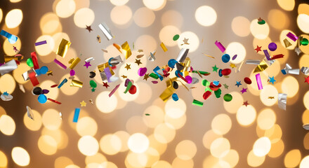 Colorful Confetti Falling Against Golden Bokeh Lights for Celebrations