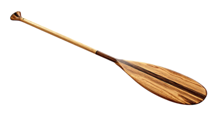 long wooden boat paddle with smooth carved blade displayed diagonally with natural grain texture isolated on white background