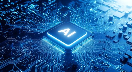 Closeup of a glowing ai microchip with intricate circuit patterns, symbolizing advanced technology and artificial intelligence